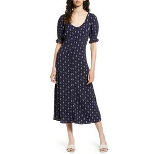 & Other Stories Print Button Front Midi Navy Blue Dress Puff Sleeve Paisley US 6